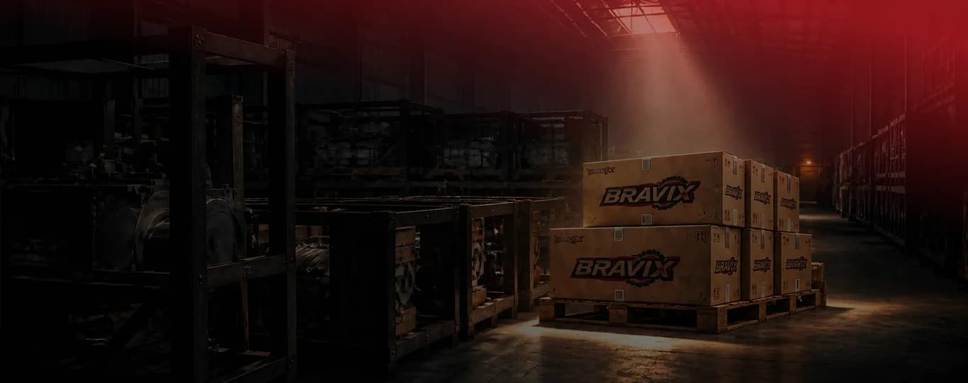 Pallets of Bravix equipment stacked in a warehouse